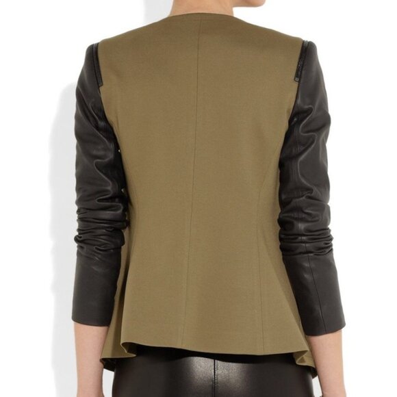 Theory Pryor Yaisa Ponti Leather Sleeve Cactus Olive Green Blazer - Picture 3 of 10